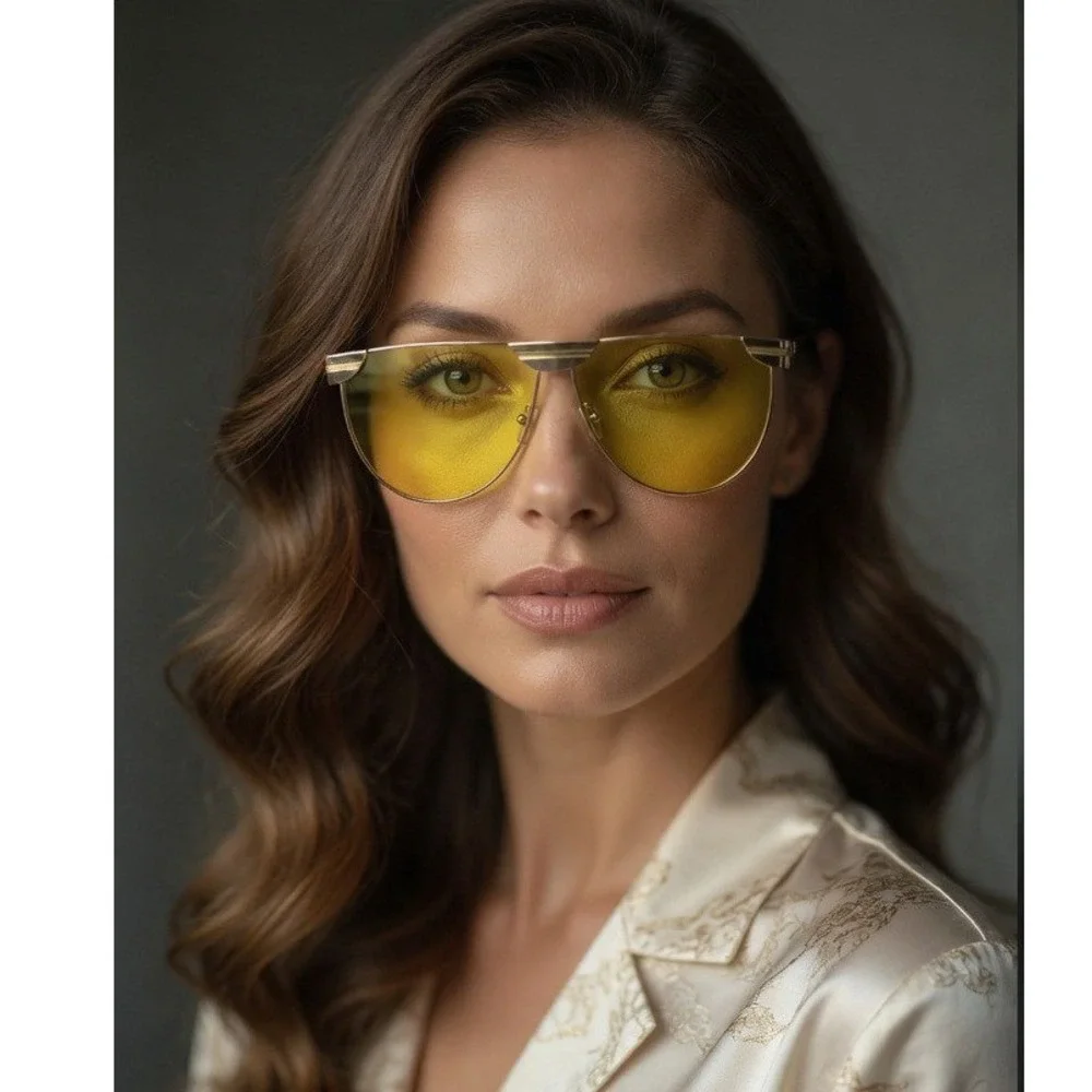 Gold Sunglasses Yellow Tinted Lens Flat Top Metal Frame Fashion Eyewear Female